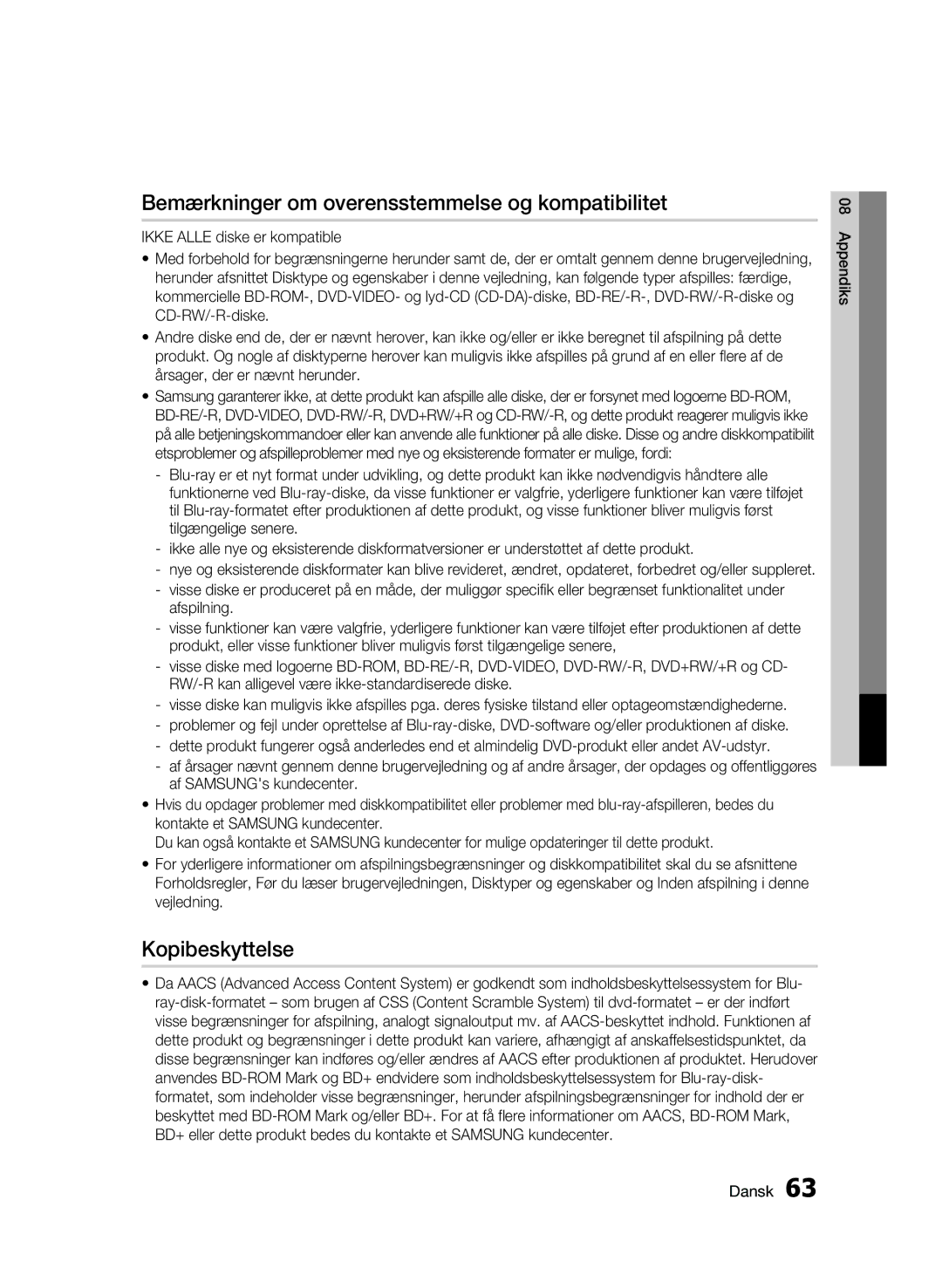 Samsung BD-C5900/XEE manual Bemærkninger om overensstemmelse og kompatibilitet, Kopibeskyttelse 