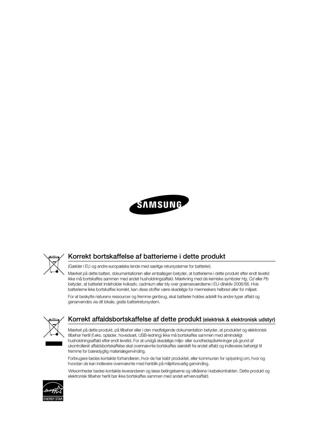 Samsung BD-C5900/XEE manual Korrekt bortskaffelse af batterierne i dette produkt 