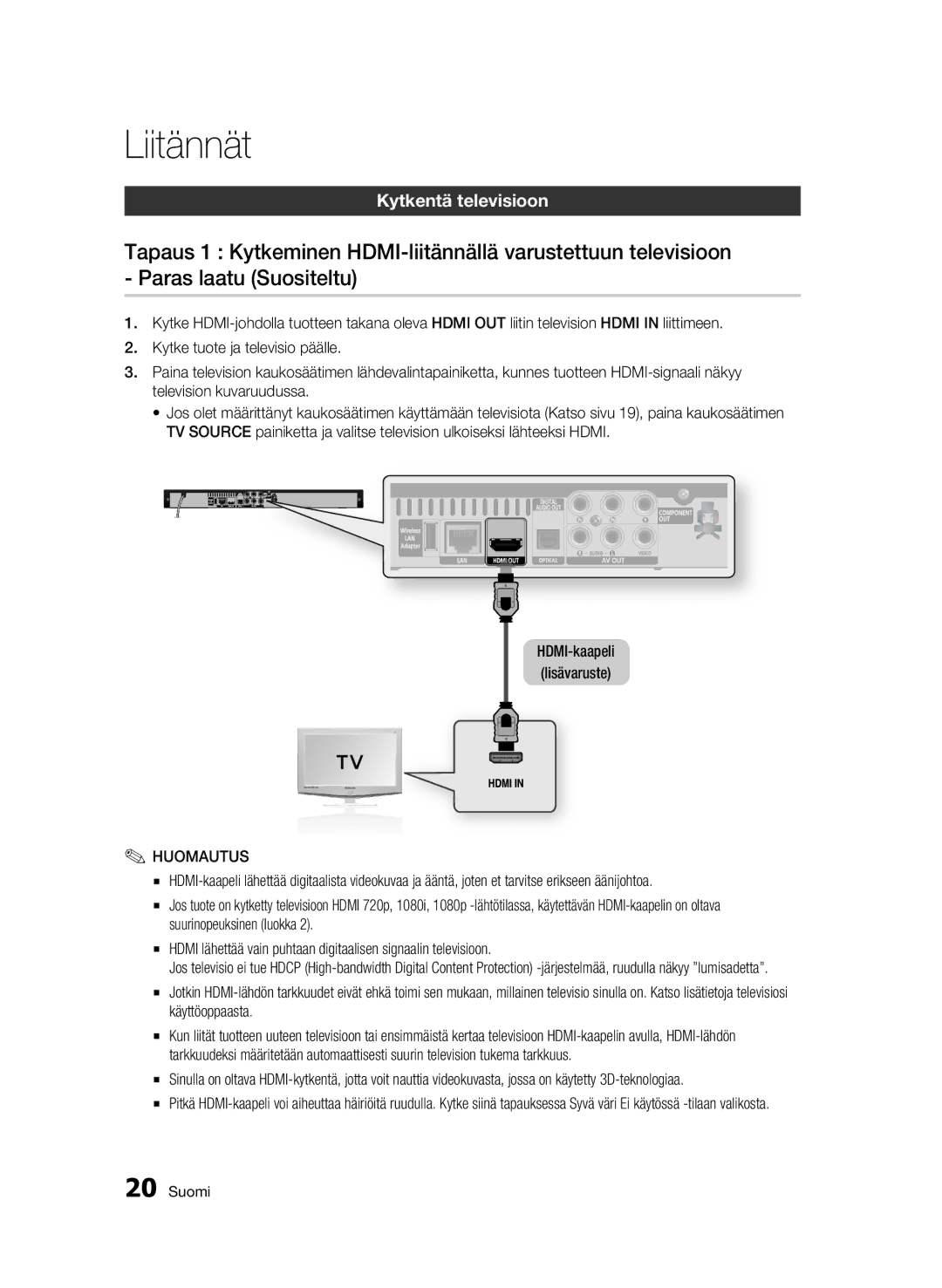 Samsung BD-C5900/XEE manual Liitännät, Kytkentä televisioon, HDMI-kaapeli lisävaruste 