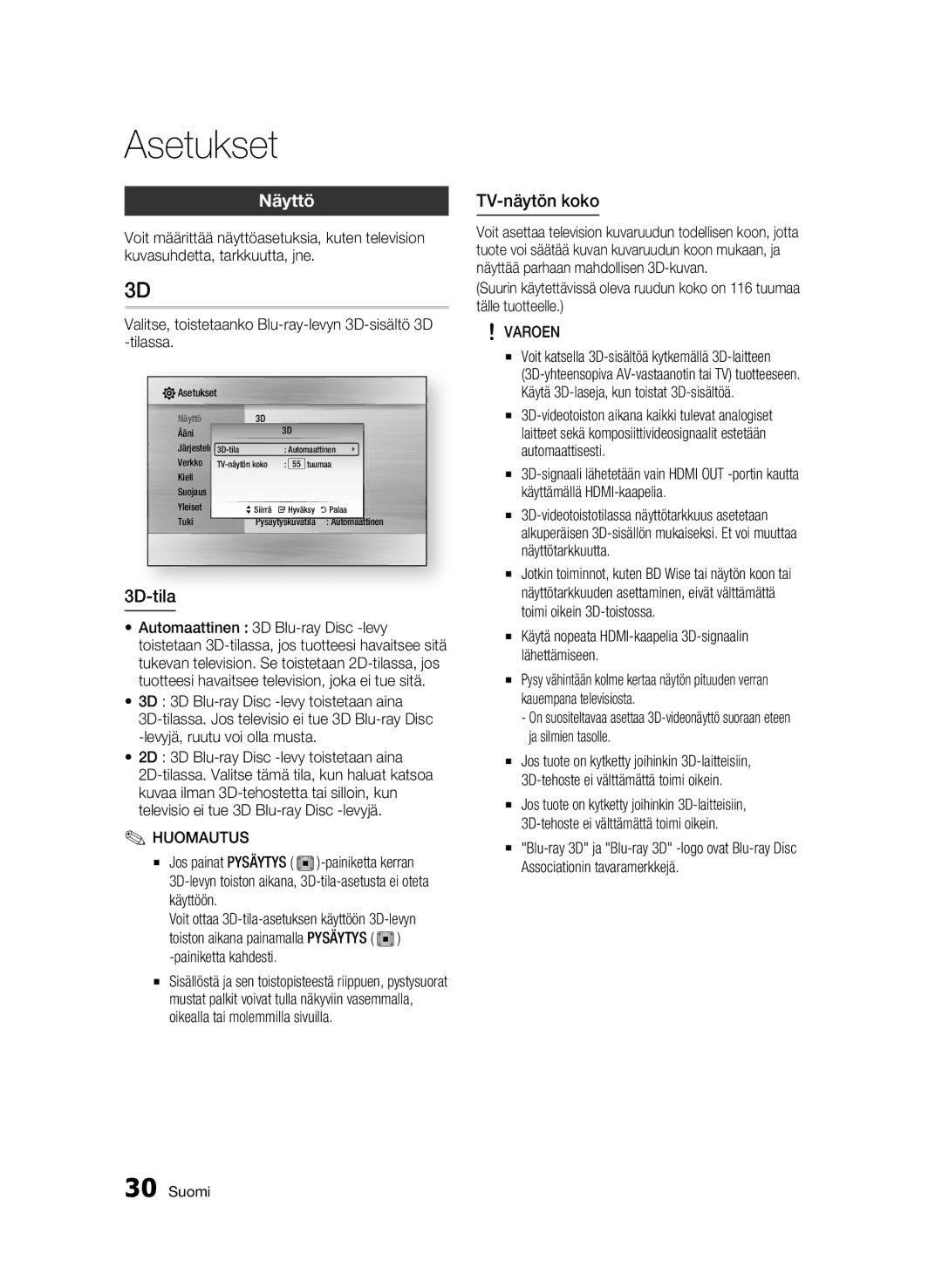 Samsung BD-C5900/XEE manual Näyttö, 3D-tila, TV-näytön koko, Varoen 