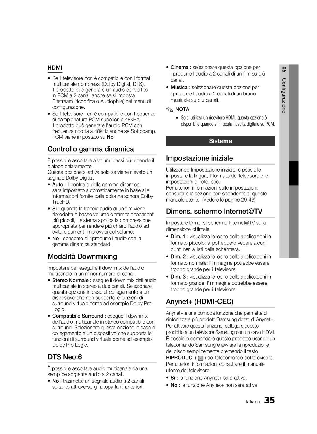 Samsung BD-C5900/XEF Controllo gamma dinamica, Modalità Downmixing, Impostazione iniziale, Dimens. schermo Internet@TV 