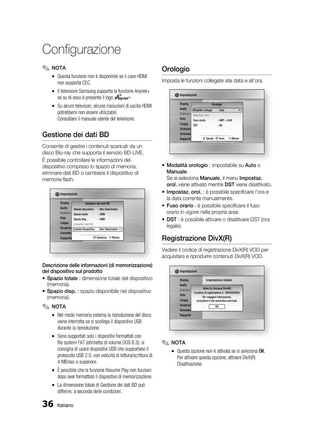 Samsung BD-C5900/XEF Gestione dei dati BD, Orologio, Registrazione DivXR, Imposta le funzioni collegate alla data e allora 