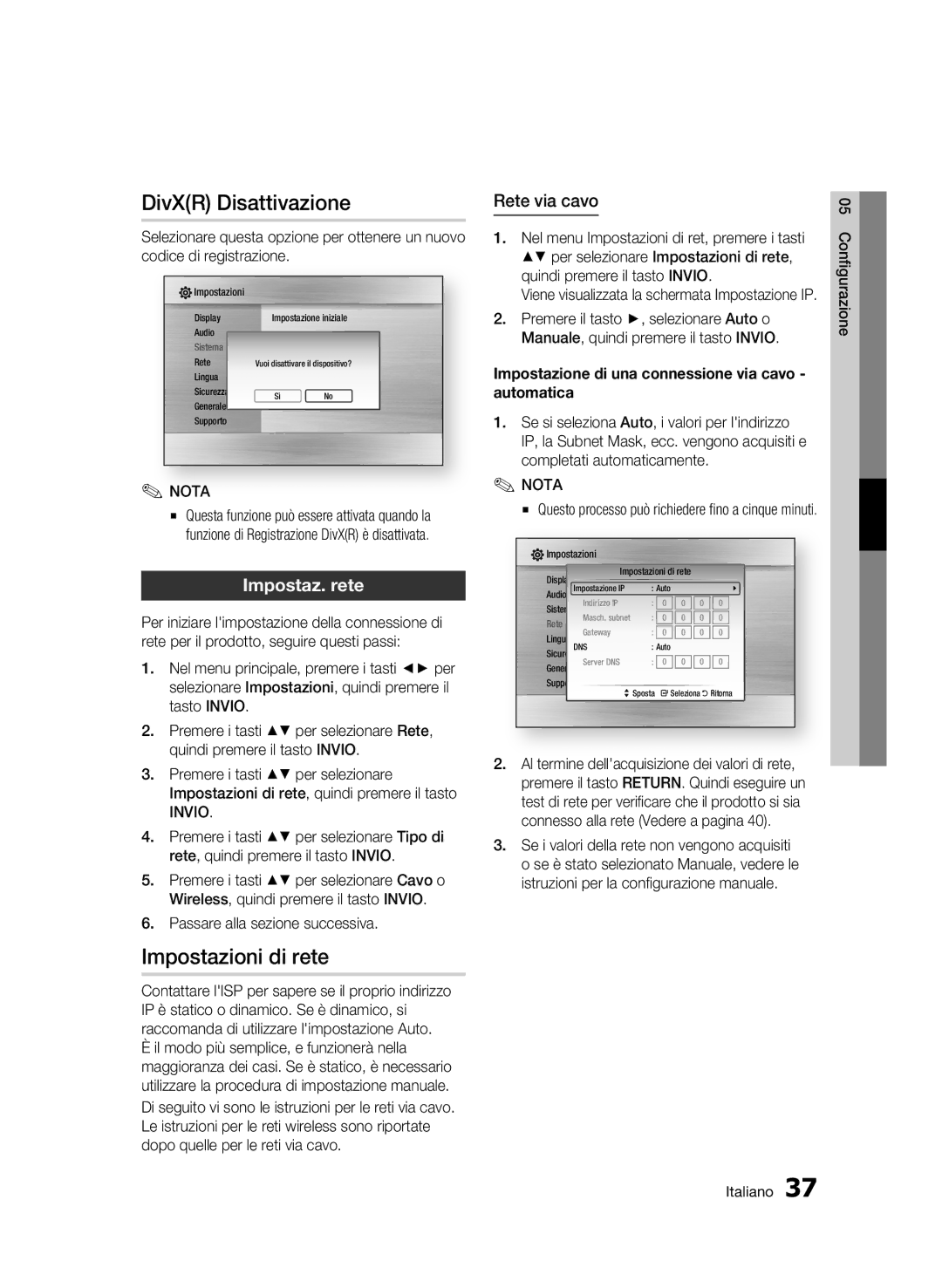 Samsung BD-C5900/XEF manual DivXR Disattivazione, Impostazioni di rete, Impostaz. rete, Rete via cavo 