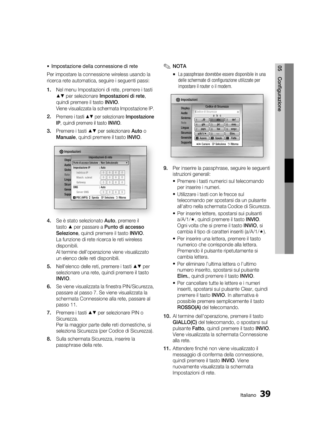 Samsung BD-C5900/XEF manual  Impostazione della connessione di rete, Premere i tasti per selezionare PIN o Sicurezza 