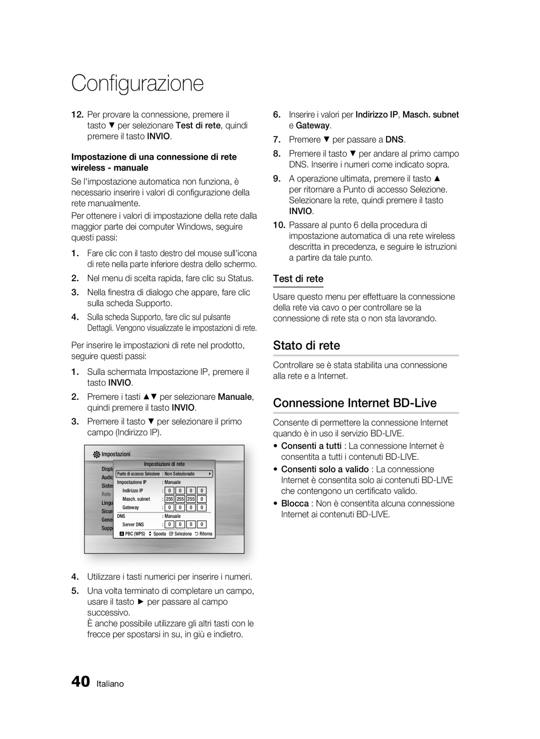 Samsung BD-C5900/XEF manual Stato di rete, Connessione Internet BD-Live, Test di rete 