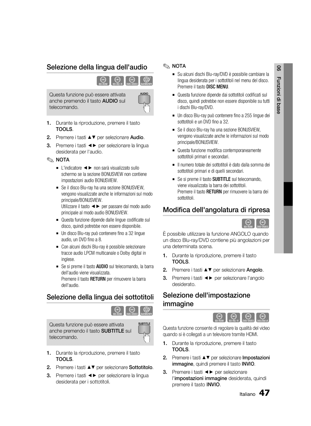 Samsung BD-C5900/XEF manual Selezione della lingua dellaudio, Selezione della lingua dei sottotitoli 