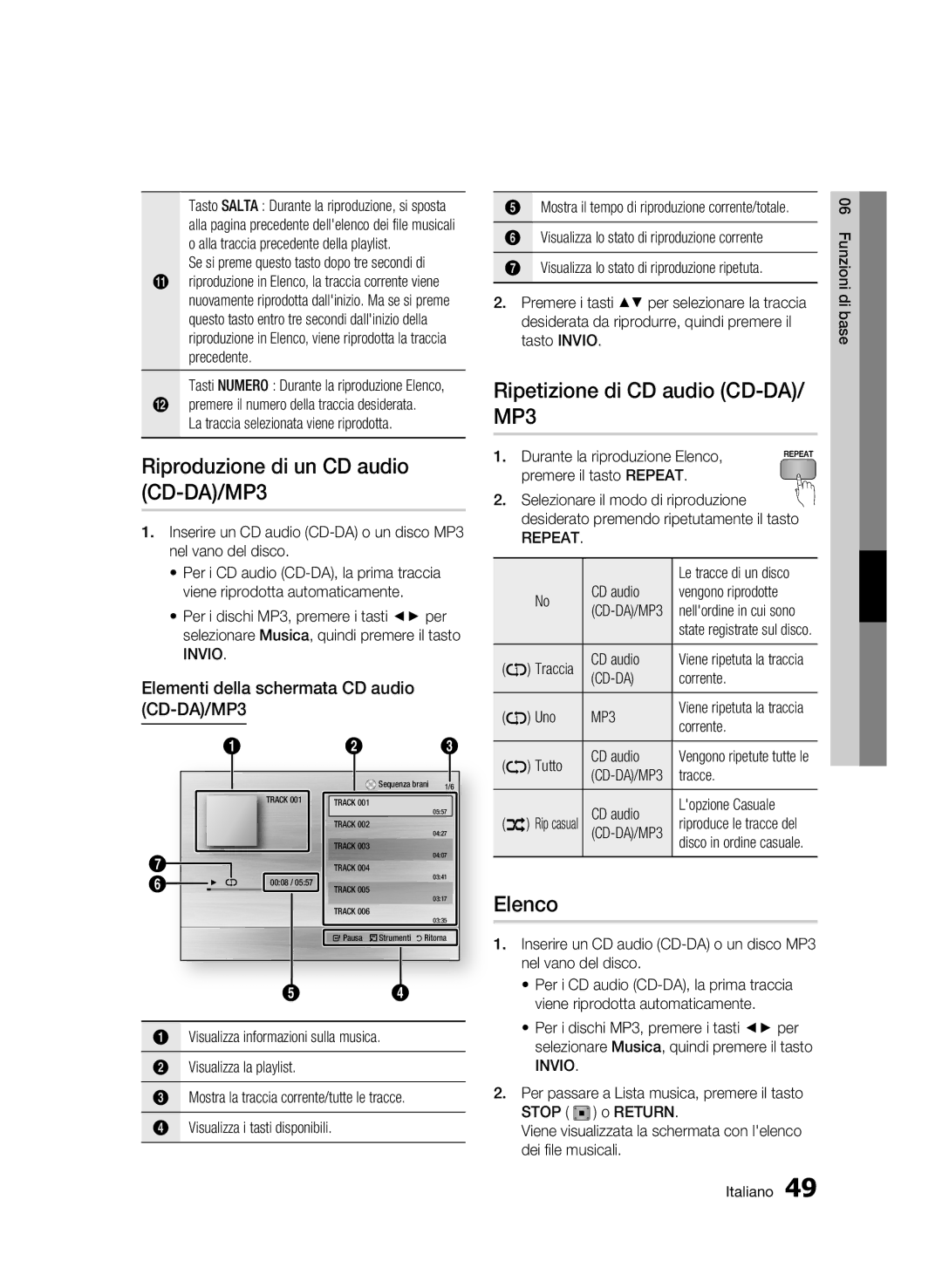 Samsung BD-C5900/XEF manual Riproduzione di un CD audio CD-DA/MP3, Ripetizione di CD audio CD-DA/ MP3, Elenco, Repeat 