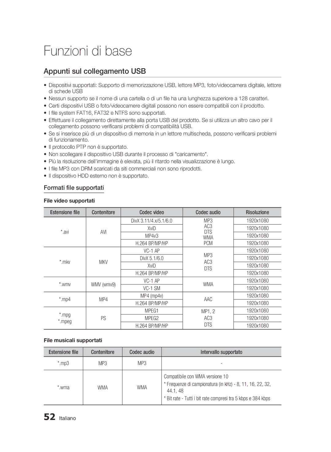 Samsung BD-C5900/XEF manual Appunti sul collegamento USB, Formati file supportati, File video supportati 