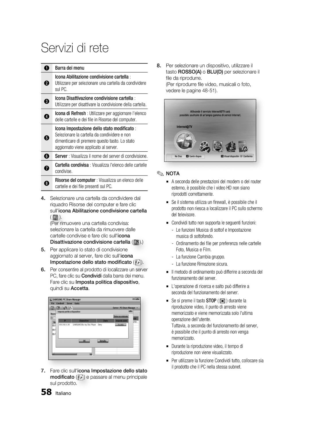 Samsung BD-C5900/XEF manual Condivise, Condividi tutto non supporta le seguenti funzioni 