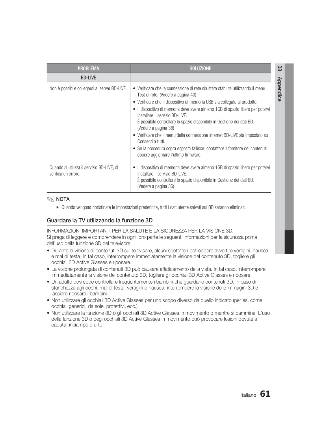 Samsung BD-C5900/XEF manual Guardare la TV utilizzando la funzione 3D, Vedere a pagina, Verifica un errore 