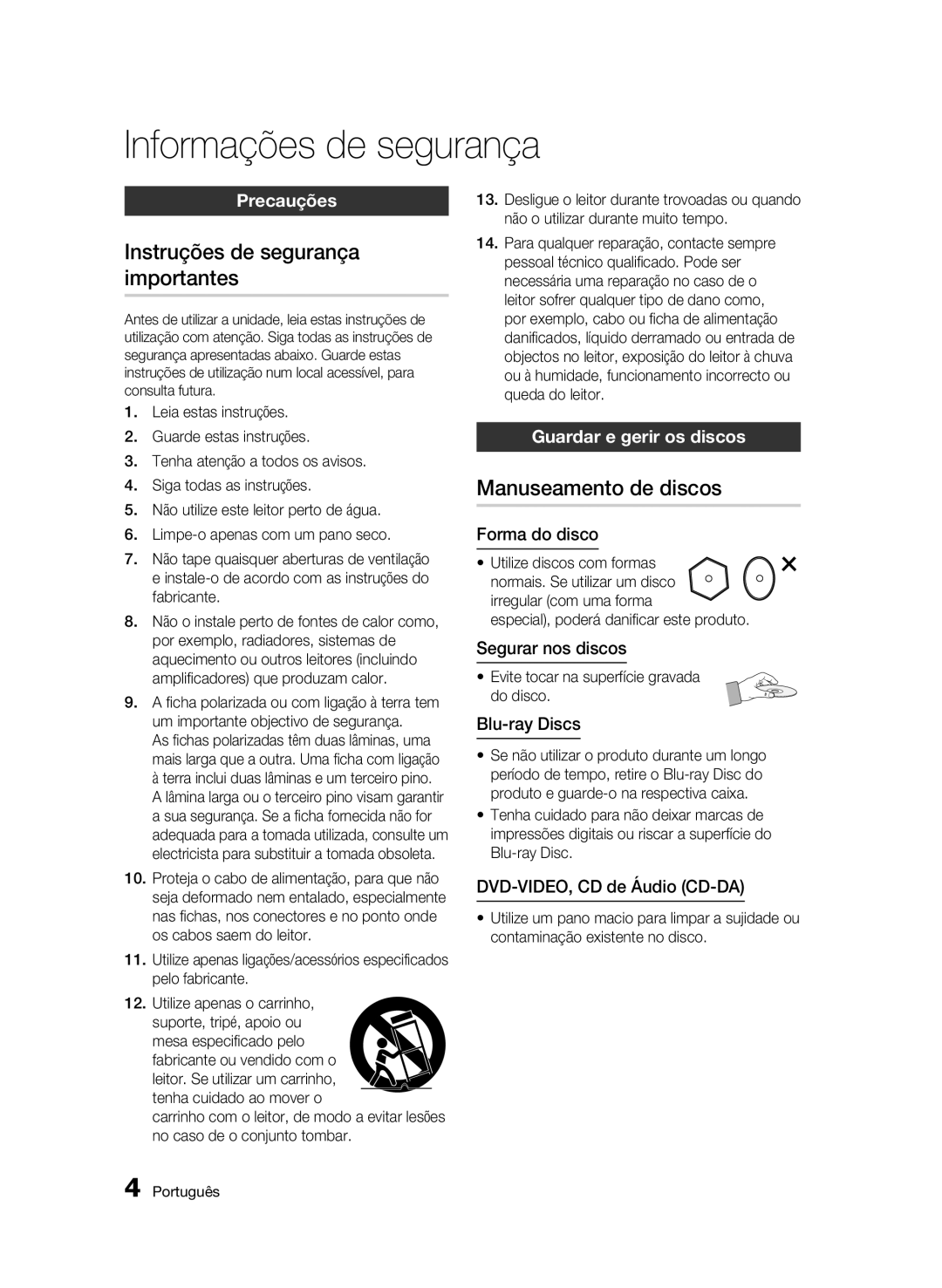 Samsung BD-C5900/XEF Instruções de segurança importantes, Manuseamento de discos, Precauções, Guardar e gerir os discos 