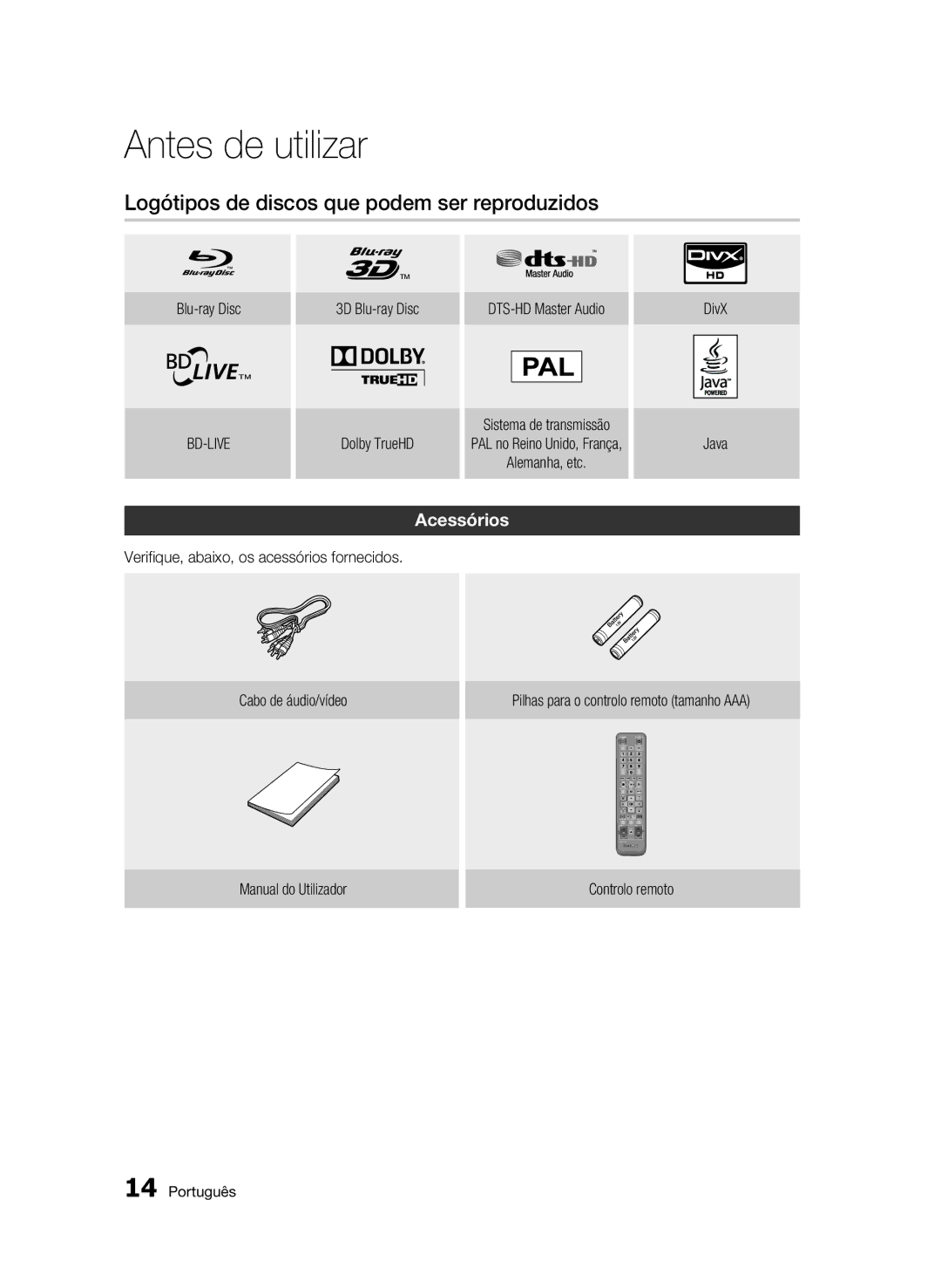 Samsung BD-C5900/XEF manual Logótipos de discos que podem ser reproduzidos, Acessórios 