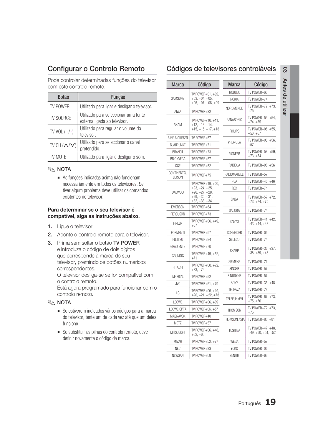 Samsung BD-C5900/XEF manual Configurar o Controlo Remoto, Códigos de televisores controláveis 