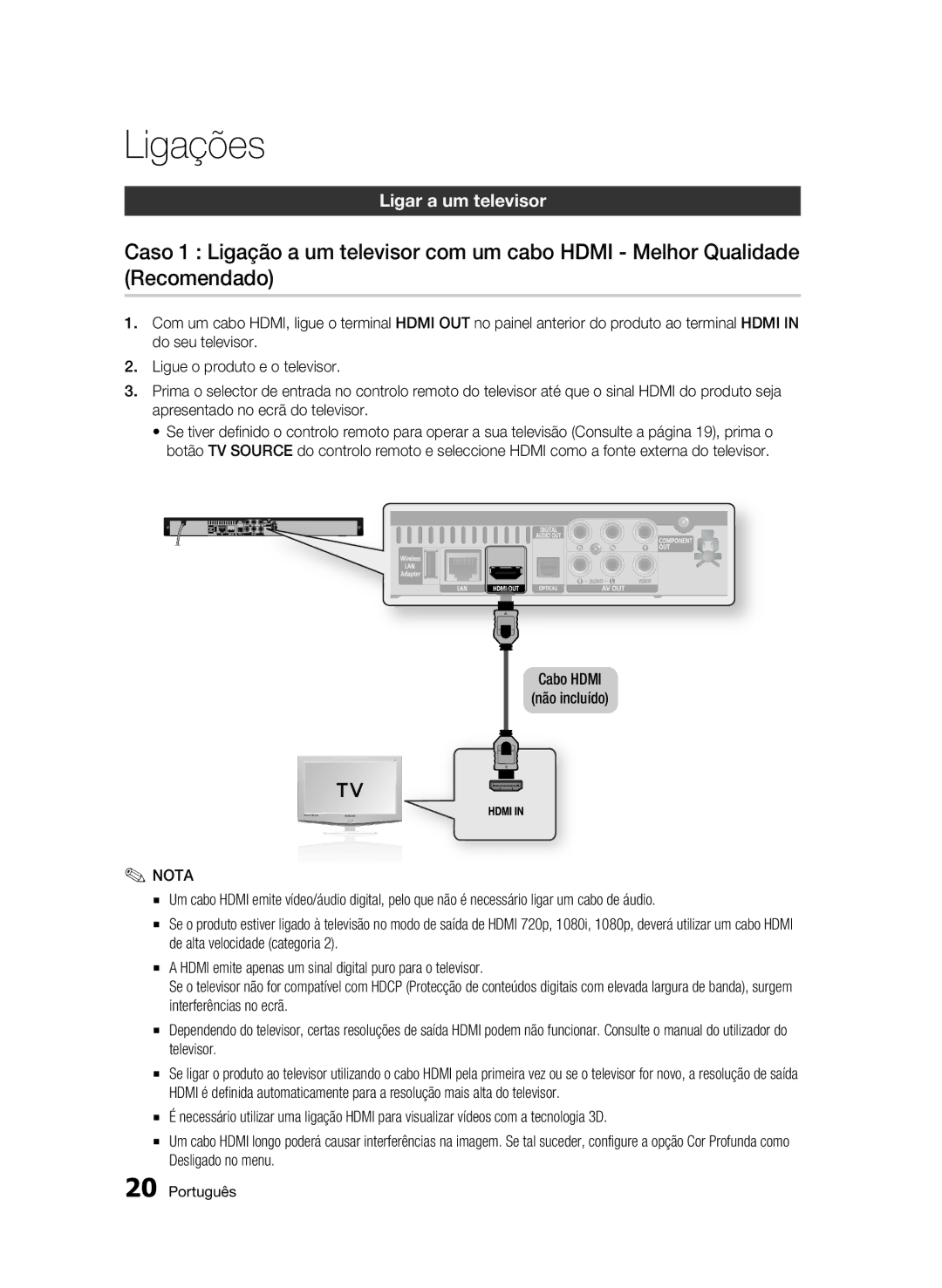 Samsung BD-C5900/XEF manual Ligações, Ligar a um televisor, Cabo Hdmi Não incluído 