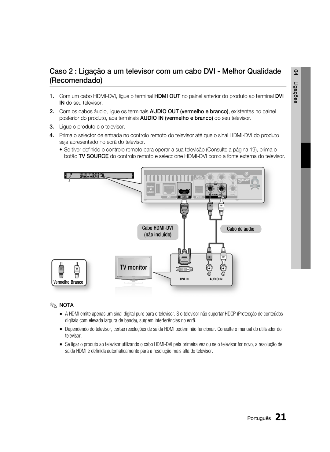 Samsung BD-C5900/XEF manual Cabo de áudio, Vermelho Branco 