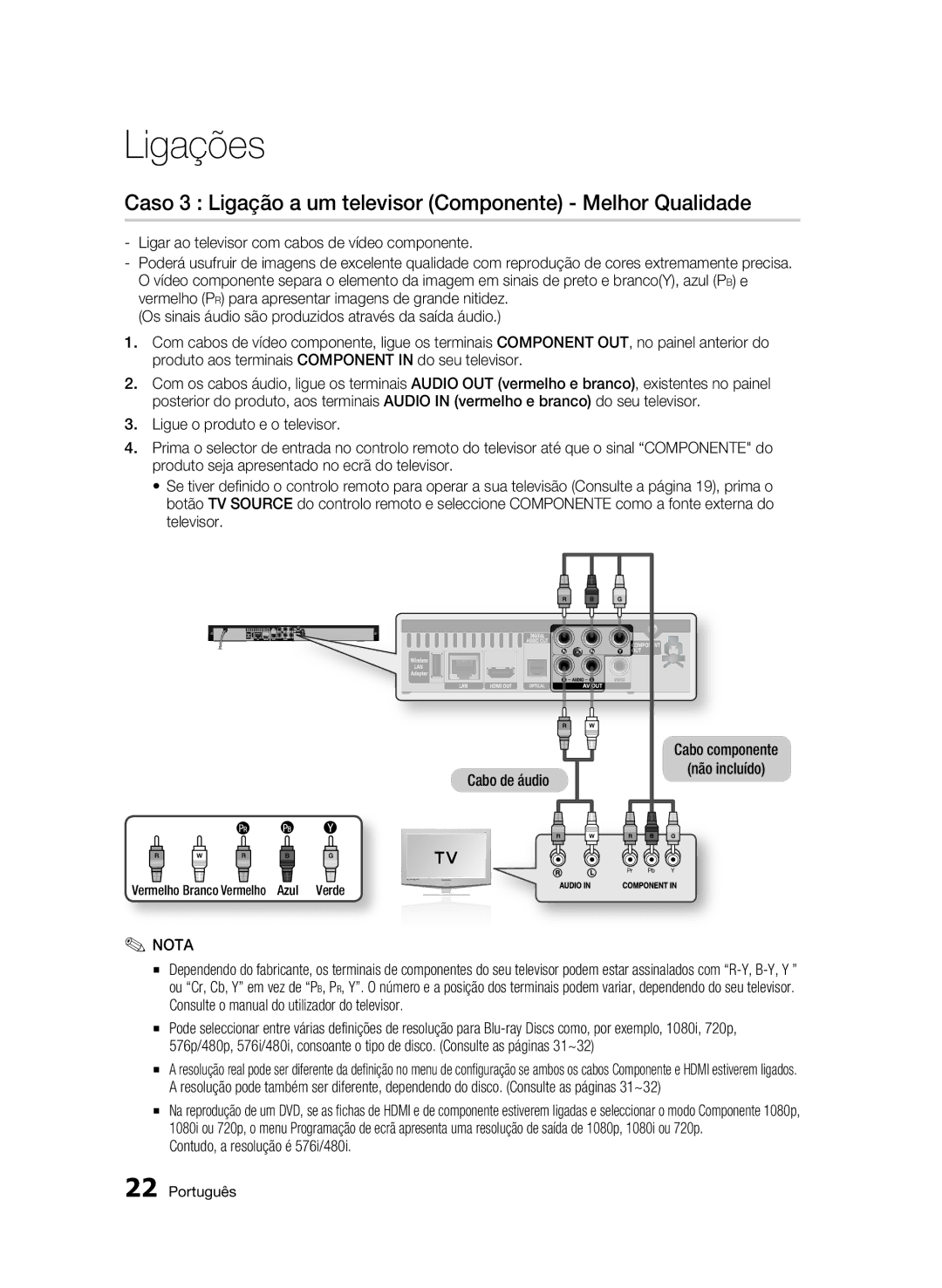 Samsung BD-C5900/XEF manual Caso 3 Ligação a um televisor Componente Melhor Qualidade, Contudo, a resolução é 576i/480i 