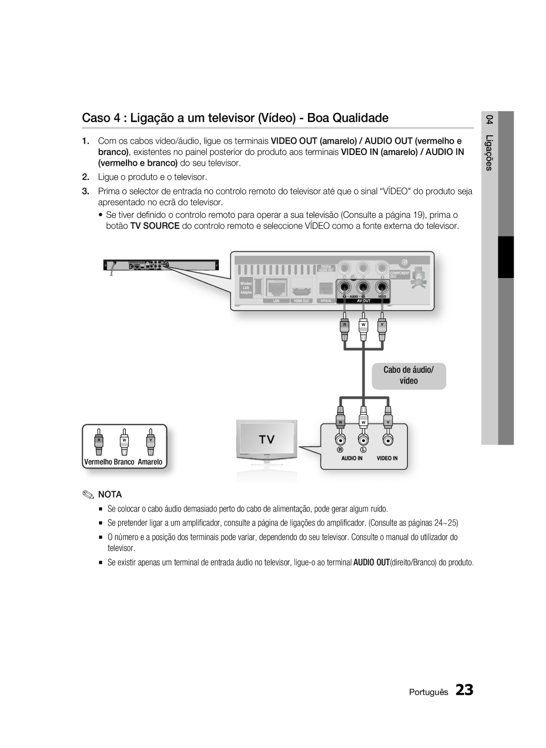 Samsung BD-C5900/XEF manual Caso 4 Ligação a um televisor Vídeo Boa Qualidade, Cabo de áudio Vídeo, Vermelho Branco Amarelo 