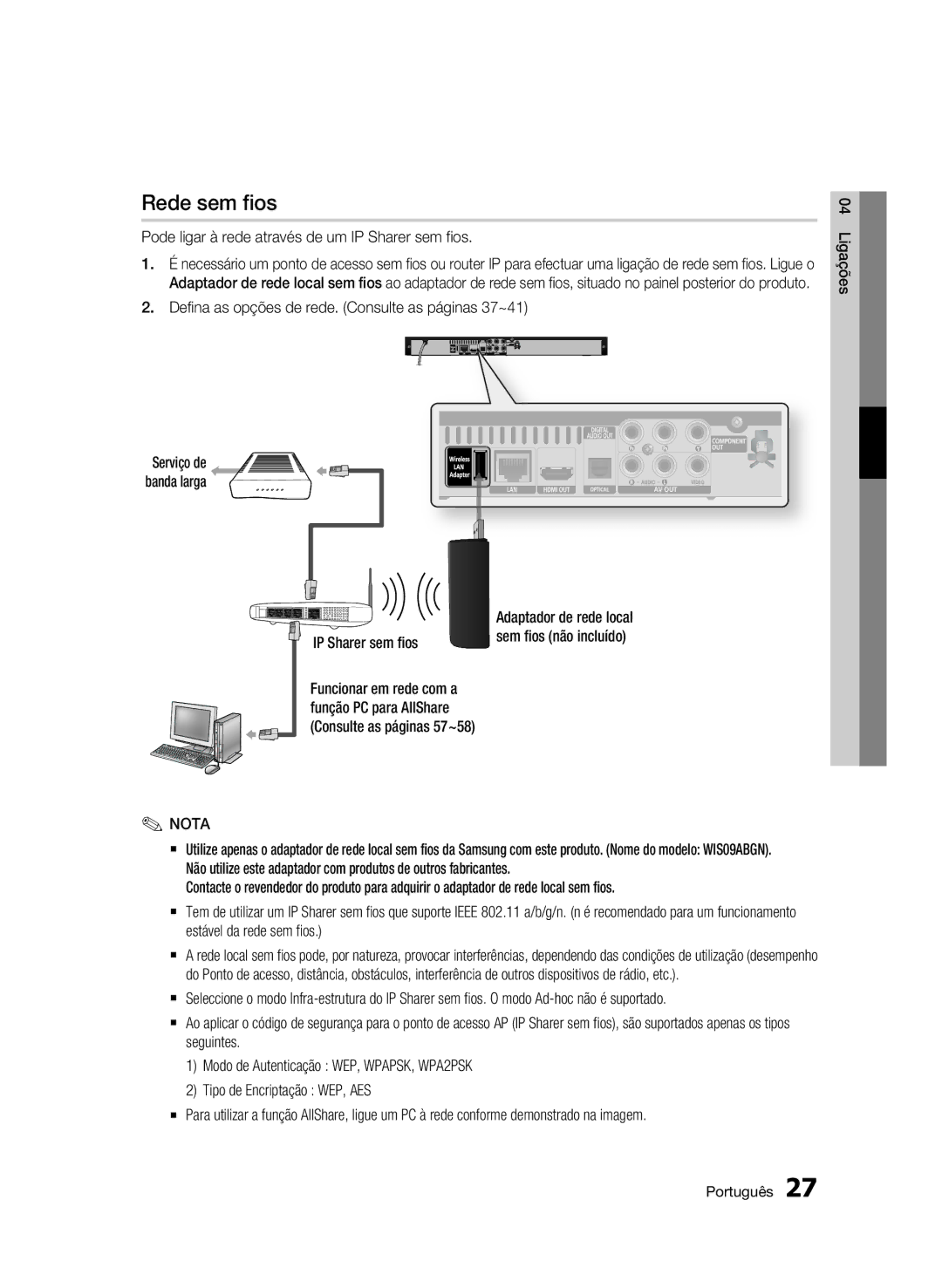 Samsung BD-C5900/XEF manual Rede sem fios, Pode ligar à rede através de um IP Sharer sem fios 