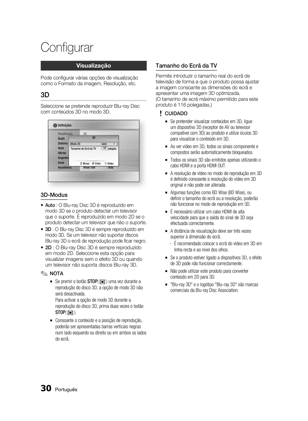 Samsung BD-C5900/XEF manual Visualização, 3D-Modus, Tamanho do Ecrã da TV, Será desactivada, Se premir o botão Stop 