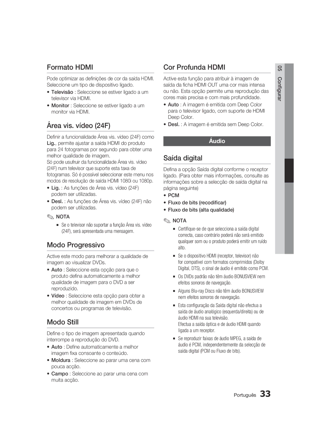 Samsung BD-C5900/XEF manual Formato Hdmi, Área vis. vídeo 24F, Modo Still, Cor Profunda Hdmi, Saída digital 