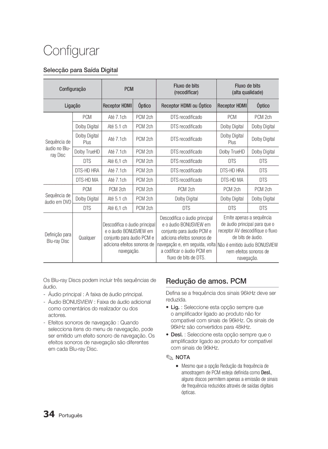 Samsung BD-C5900/XEF manual Redução de amos. PCM, Selecção para Saída Digital, Configuração, Fluxo de bits, Óptico 