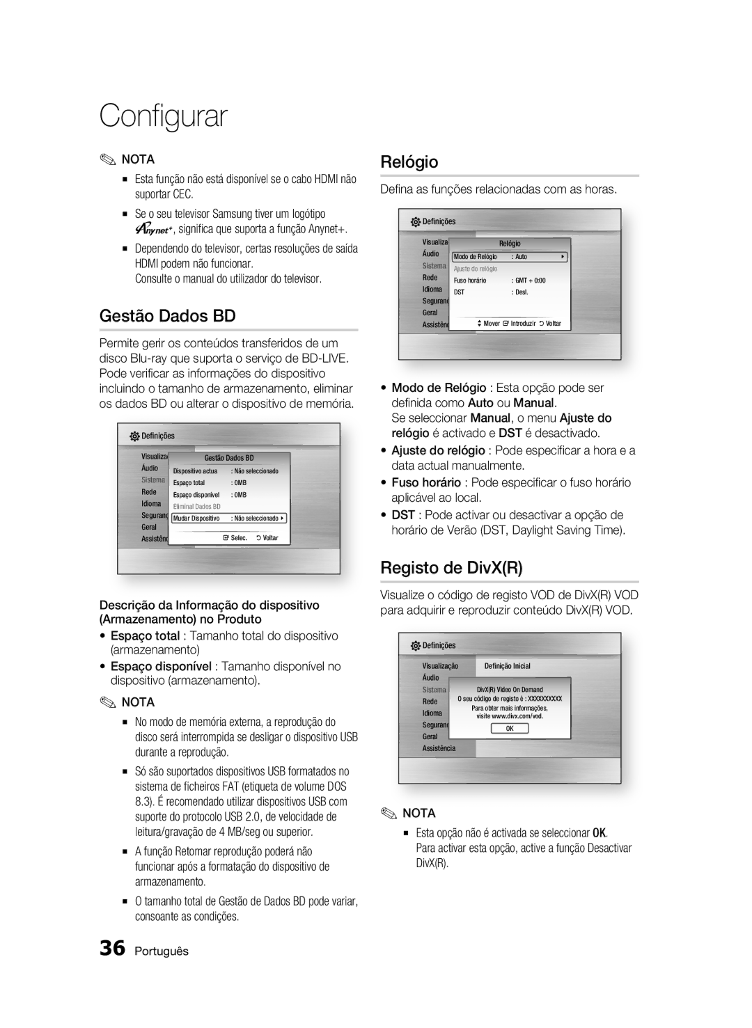 Samsung BD-C5900/XEF manual Gestão Dados BD, Relógio, Registo de DivXR, Defina as funções relacionadas com as horas 