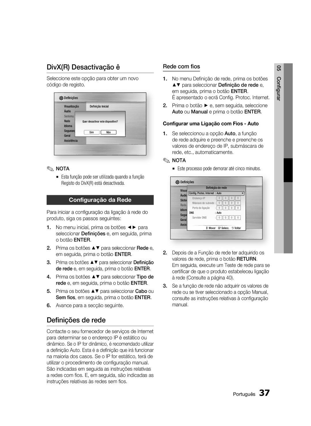 Samsung BD-C5900/XEF manual DivXR Desactivação ê, Definições de rede, Configuração da Rede, Rede com fios 