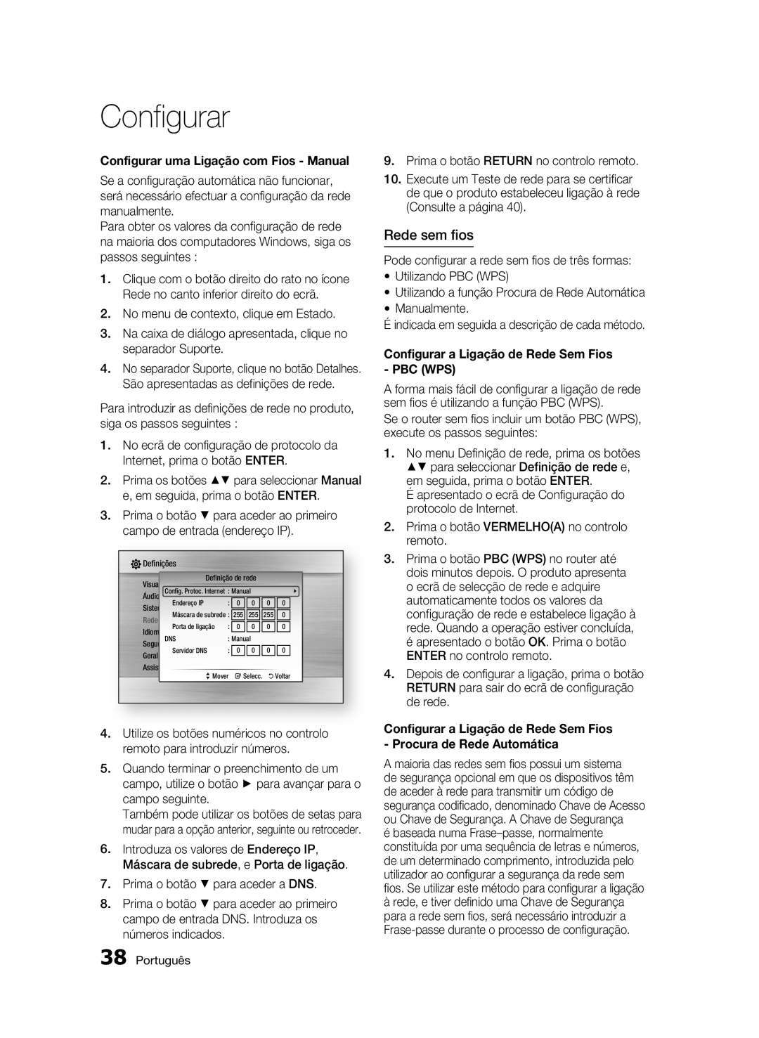 Samsung BD-C5900/XEF Rede sem fios, Configurar uma Ligação com Fios Manual, Configurar a Ligação de Rede Sem Fios PBC WPS 