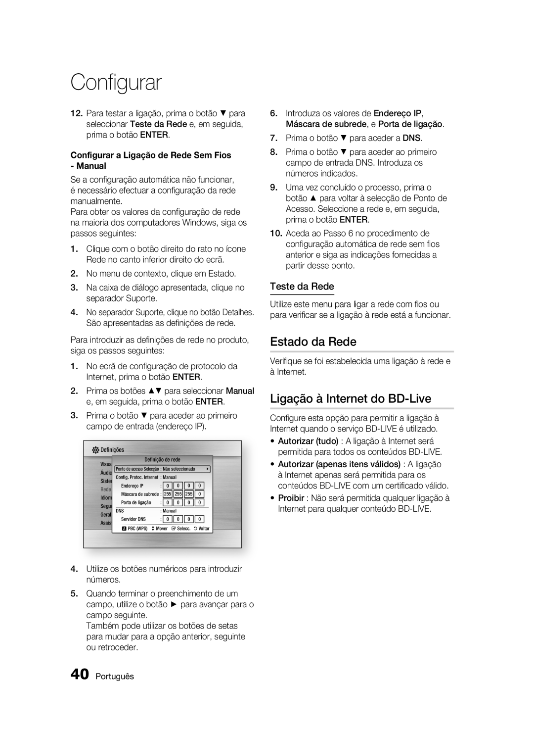 Samsung BD-C5900/XEF manual Estado da Rede, Ligação à Internet do BD-Live, Teste da Rede 