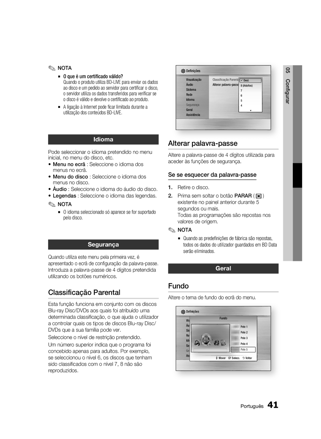 Samsung BD-C5900/XEF manual Classificação Parental, Alterar palavra-passe, Fundo 