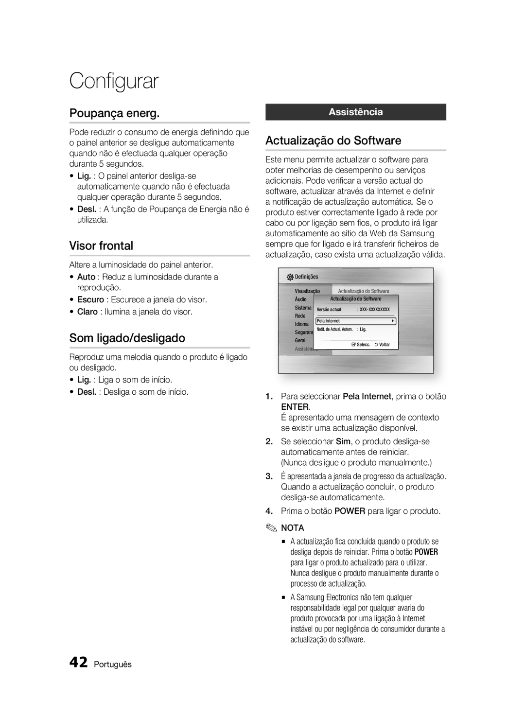 Samsung BD-C5900/XEF manual Poupança energ, Visor frontal, Som ligado/desligado, Actualização do Software, Assistência 