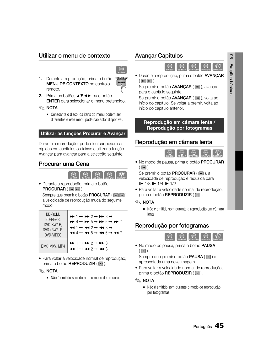 Samsung BD-C5900/XEF manual Utilizar o menu de contexto, Procurar uma Cena, Avançar Capítulos, Reprodução em câmara lenta 