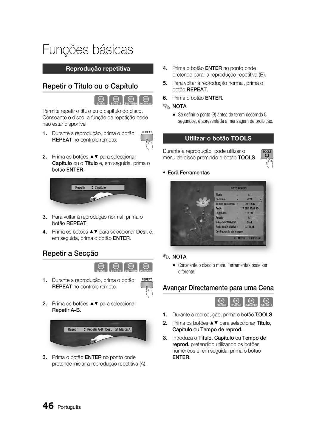 Samsung BD-C5900/XEF manual Repetir o Título ou o Capítulo, Repetir a Secção, Avançar Directamente para uma Cena 