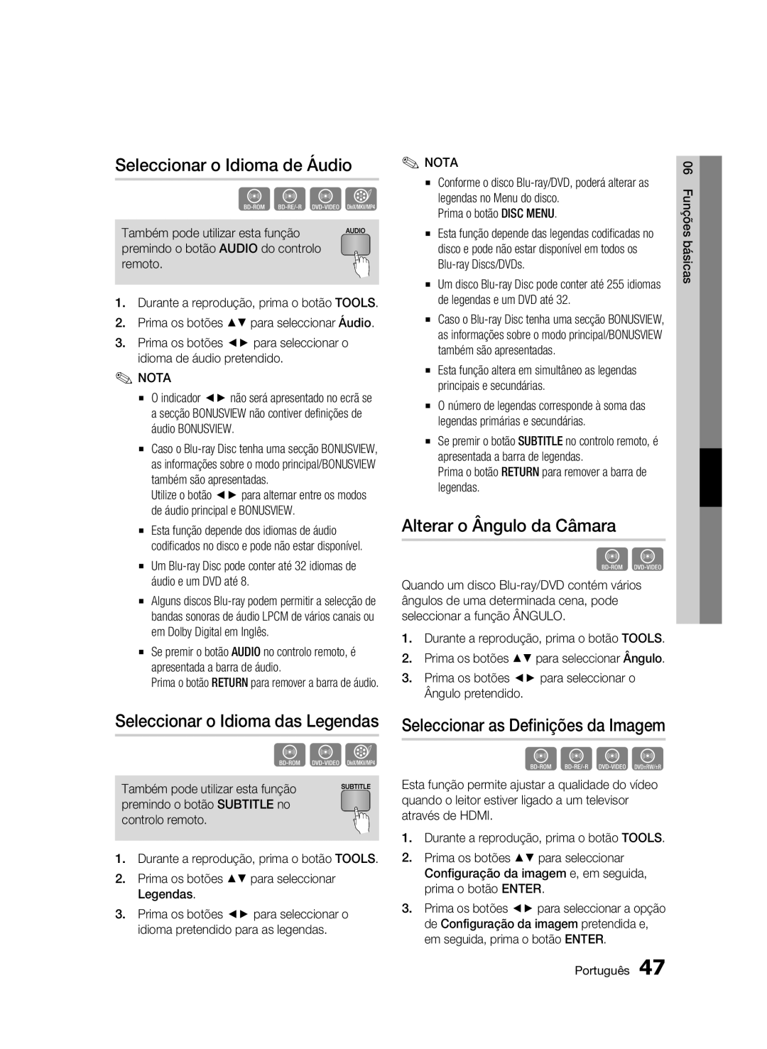 Samsung BD-C5900/XEF manual Seleccionar o Idioma de Áudio, Seleccionar o Idioma das Legendas, Alterar o Ângulo da Câmara 