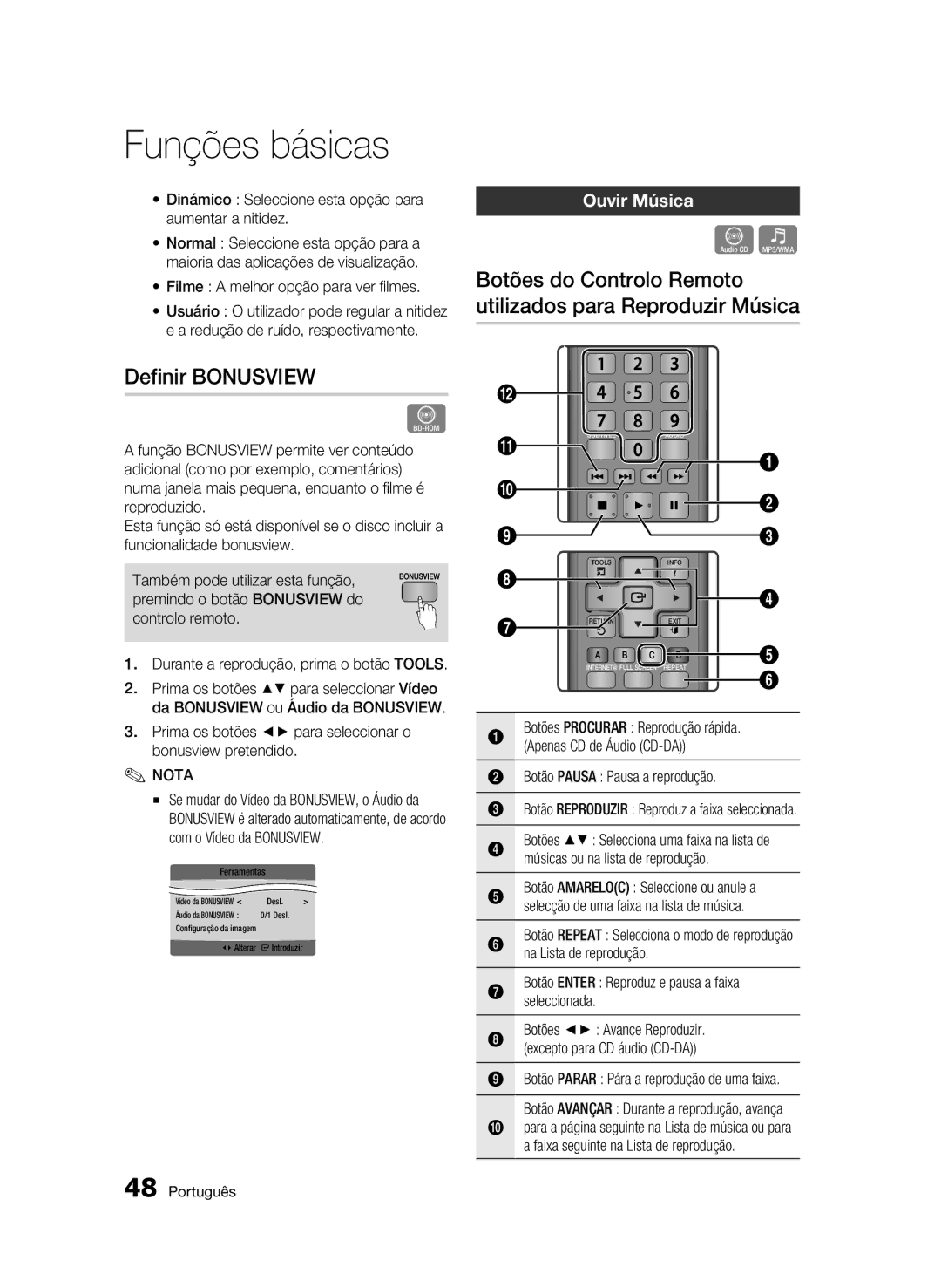 Samsung BD-C5900/XEF manual Definir Bonusview, Botões do Controlo Remoto utilizados para Reproduzir Música, Ouvir Música 