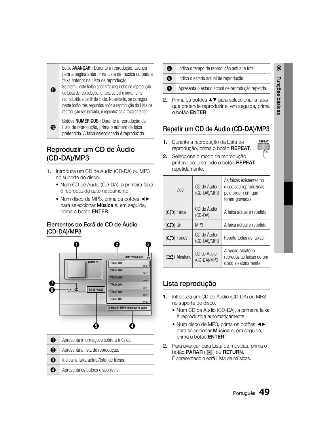 Samsung BD-C5900/XEF Reproduzir um CD de Áudio CD-DA/MP3, Lista reprodução, Elementos do Ecrã de CD de Áudio CD-DA/MP3 