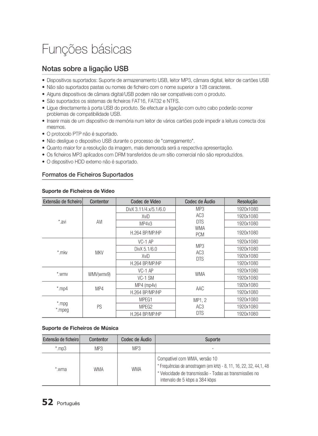 Samsung BD-C5900/XEF Notas sobre a ligação USB, Formatos de Ficheiros Suportados, AC3, Intervalo de 5 kbps a 384 kbps 