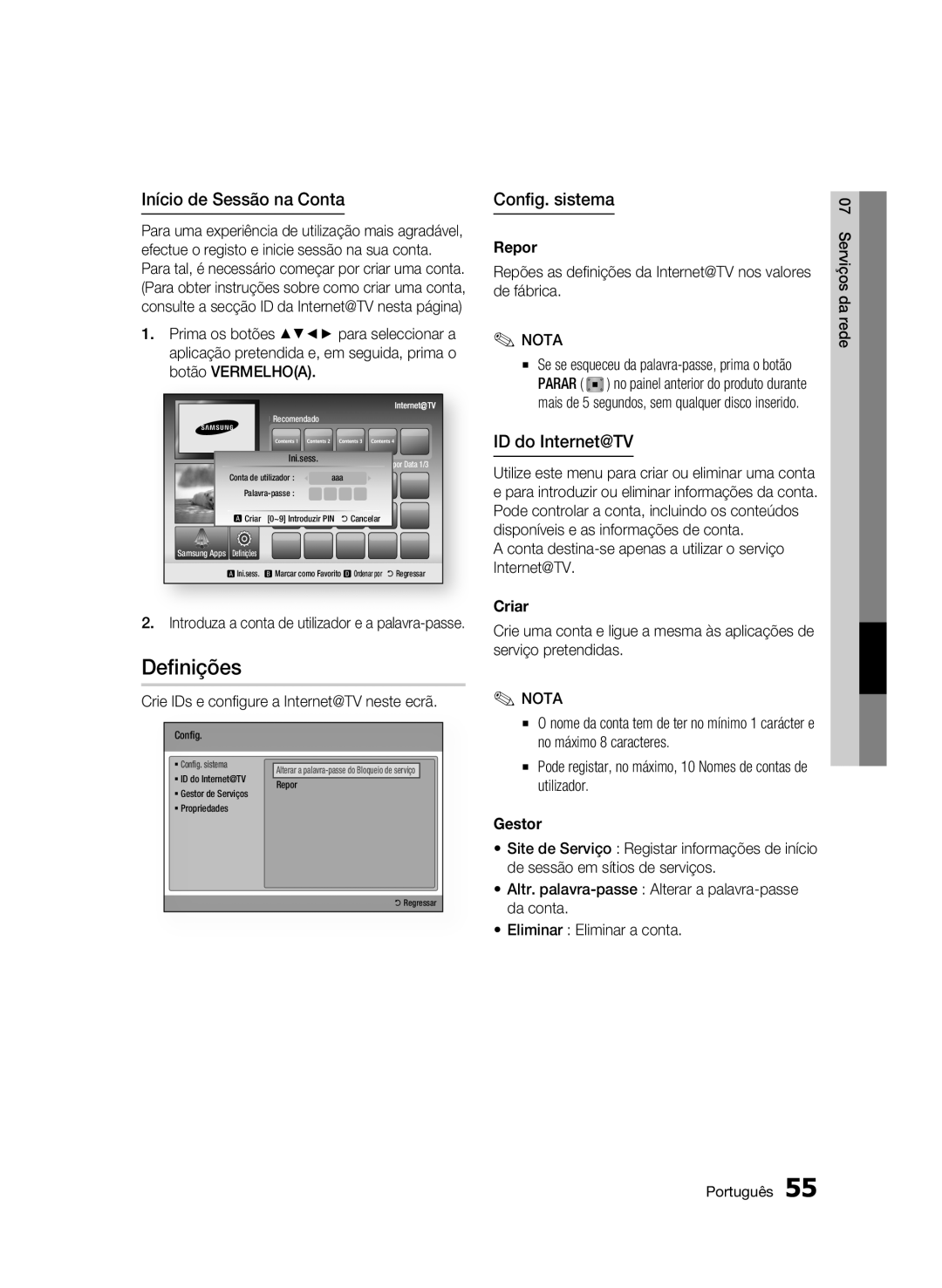 Samsung BD-C5900/XEF manual Definições, Início de Sessão na Conta, Config. sistema, ID do Internet@TV 