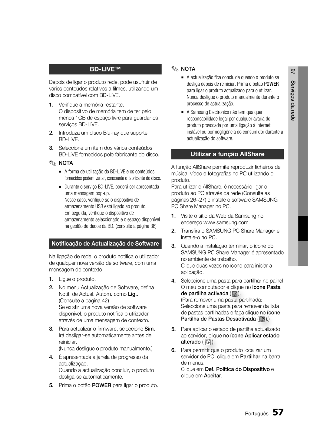 Samsung BD-C5900/XEF manual Notificação de Actualização de Software, Utilizar a função AllShare 