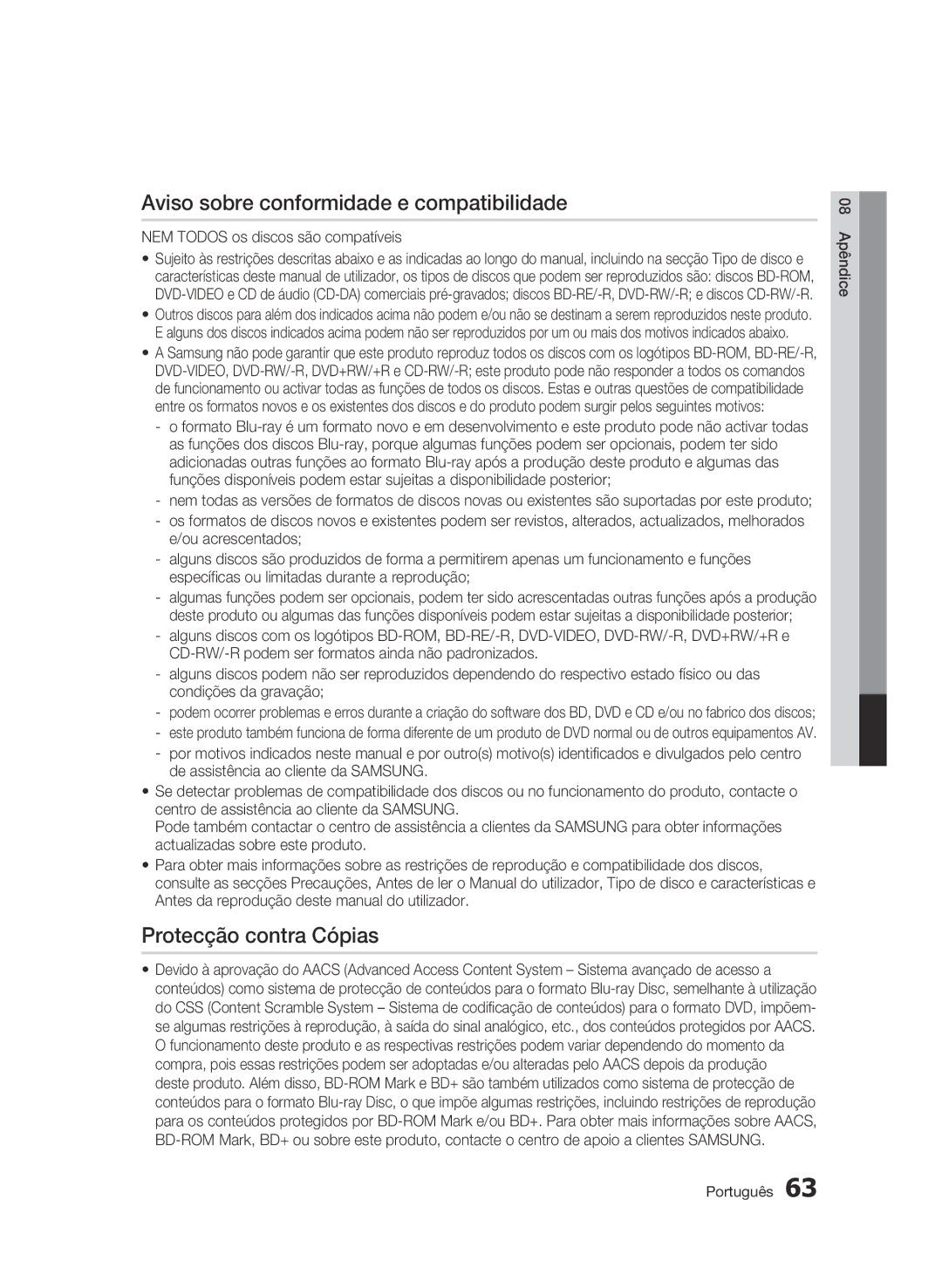 Samsung BD-C5900/XEF manual Aviso sobre conformidade e compatibilidade, Protecção contra Cópias 