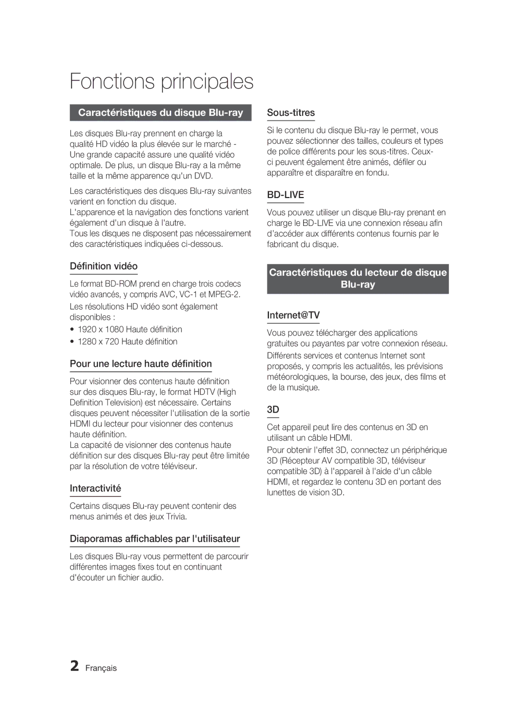 Samsung BD-C5900/XEF manual Caractéristiques du disque Blu-ray, Caractéristiques du lecteur de disque Blu-ray 