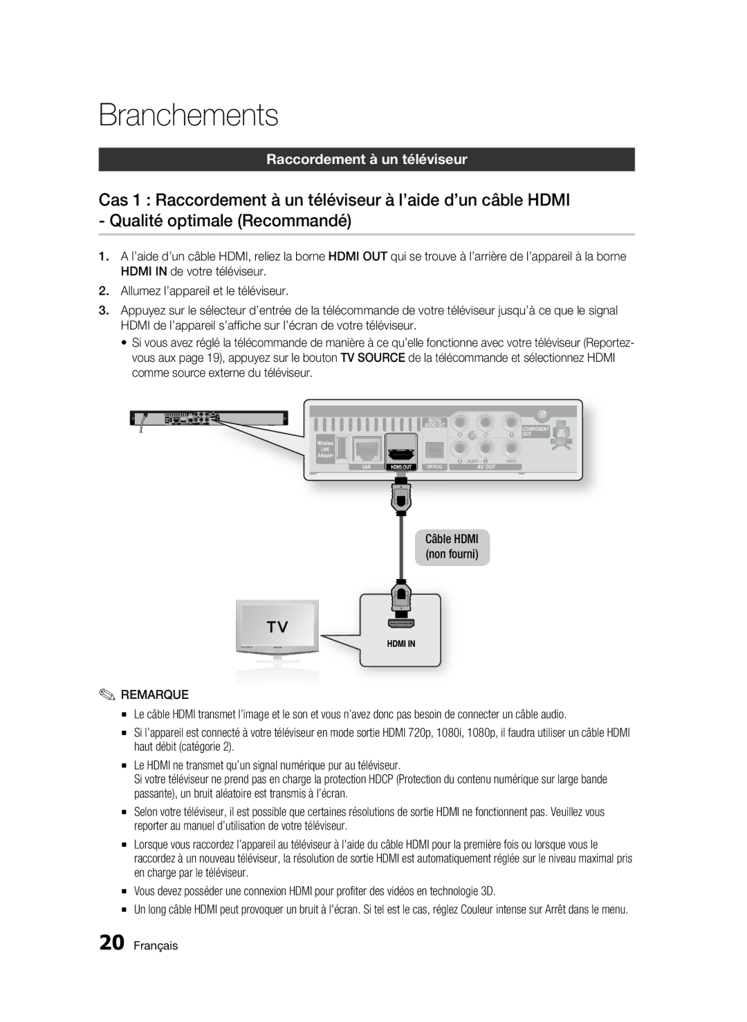 Samsung BD-C5900/XEF manual Branchements, Raccordement à un téléviseur 