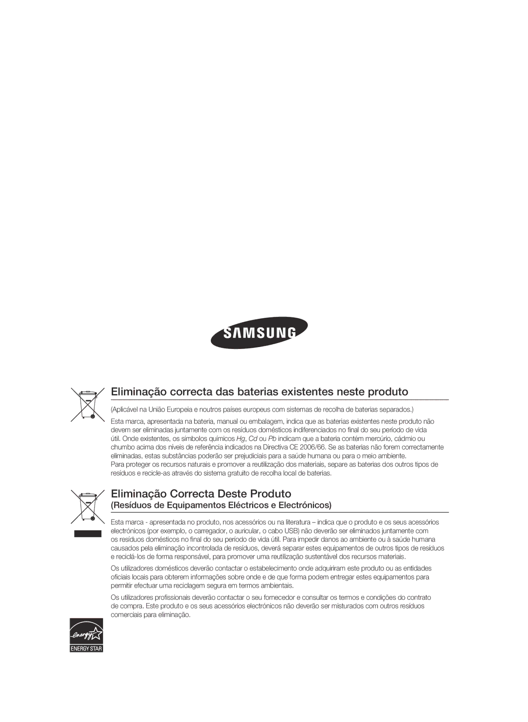 Samsung BD-C5900/XEF manual Eliminação correcta das baterias existentes neste produto 