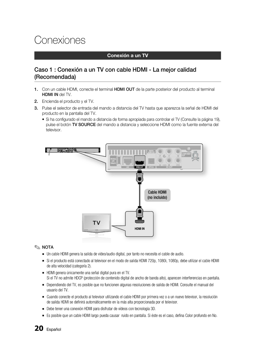 Samsung BD-C5900/XEF manual Conexiones, Conexión a un TV, Cable Hdmi no incluido 