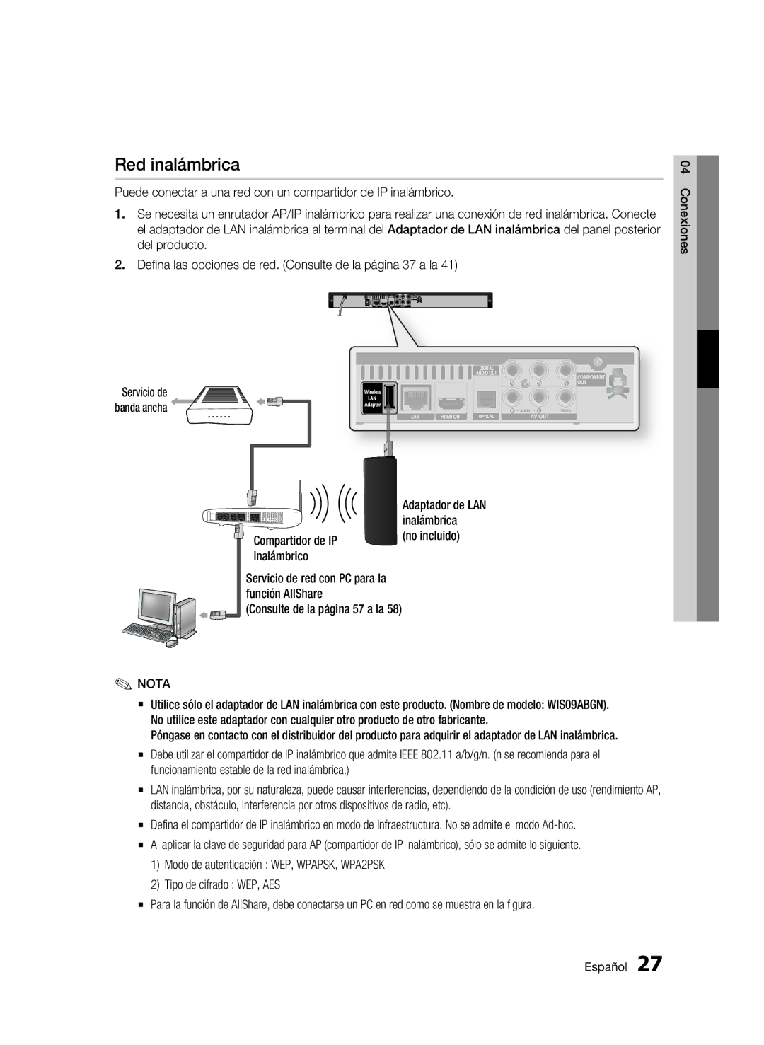 Samsung BD-C5900/XEF manual Red inalámbrica, Adaptador de LAN inalámbrica 