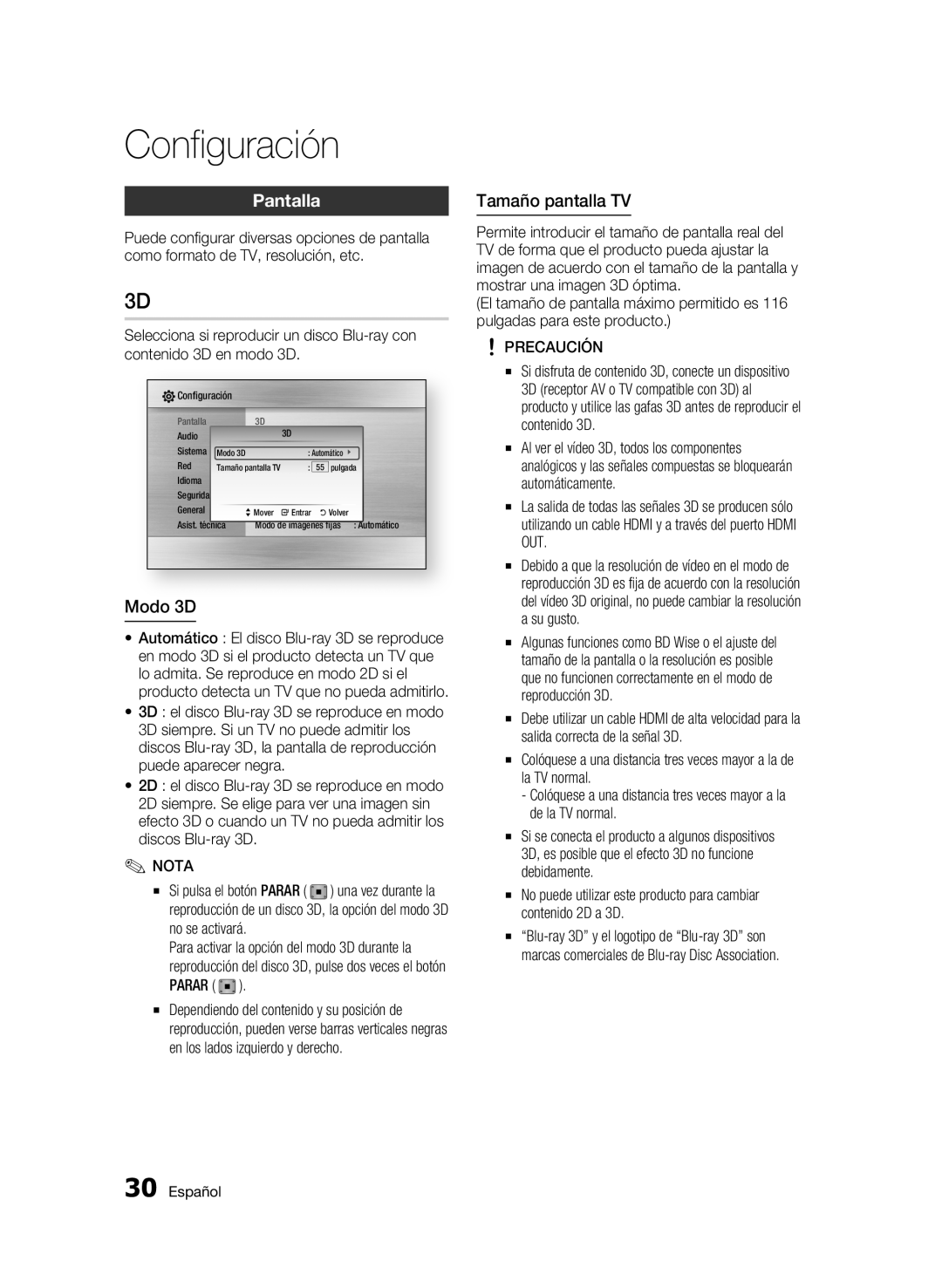 Samsung BD-C5900/XEF manual Pantalla, Modo 3D, Tamaño pantalla TV, No se activará 