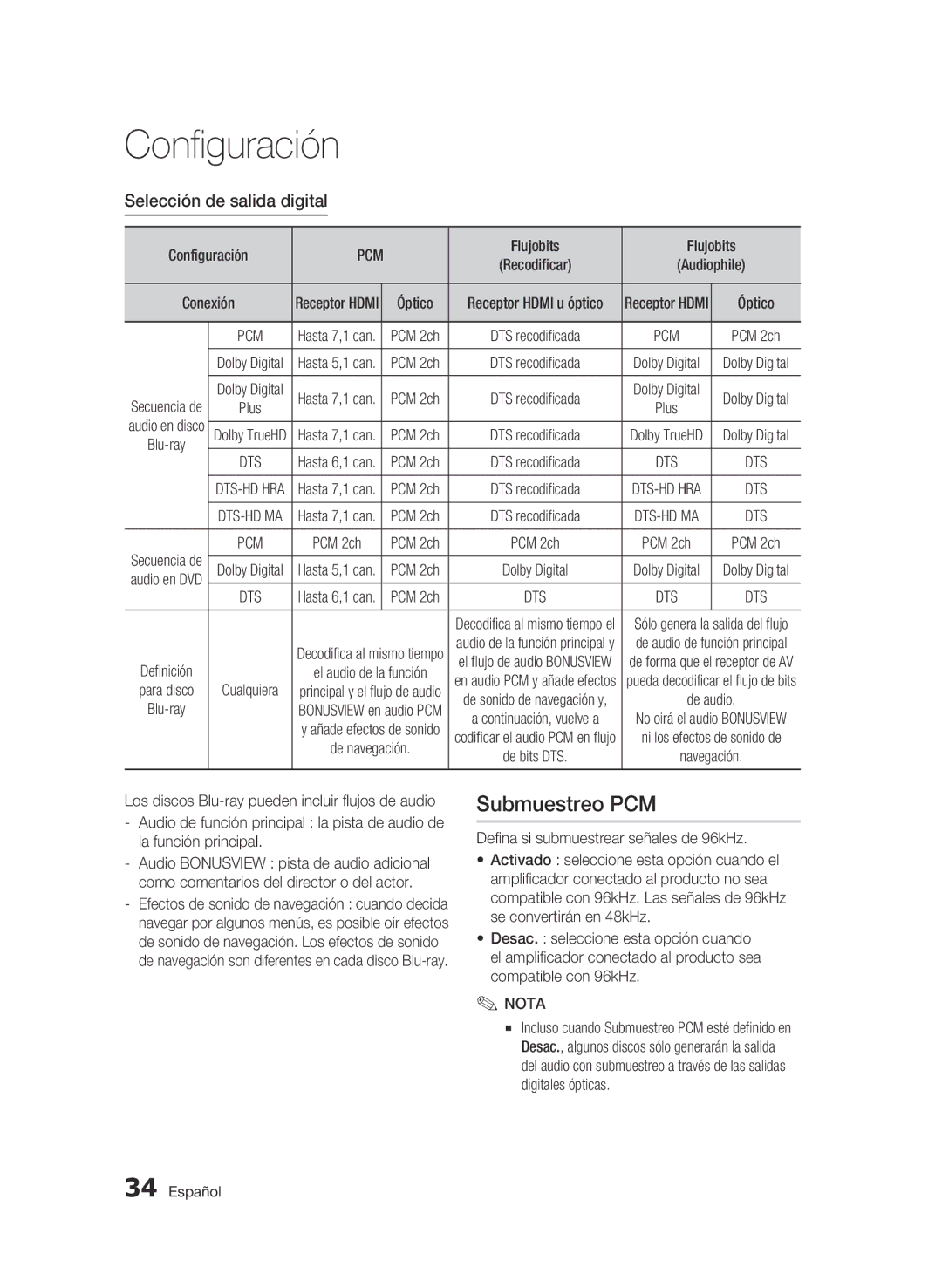 Samsung BD-C5900/XEF manual Submuestreo PCM, Selección de salida digital 