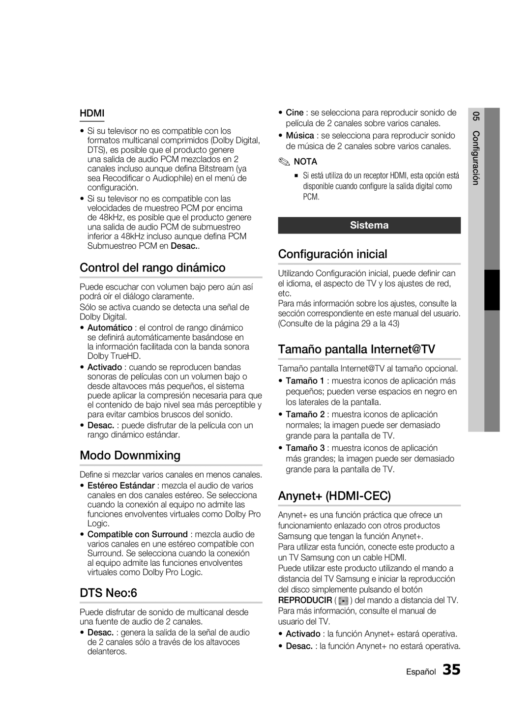 Samsung BD-C5900/XEF manual Control del rango dinámico, Configuración inicial, Tamaño pantalla Internet@TV 