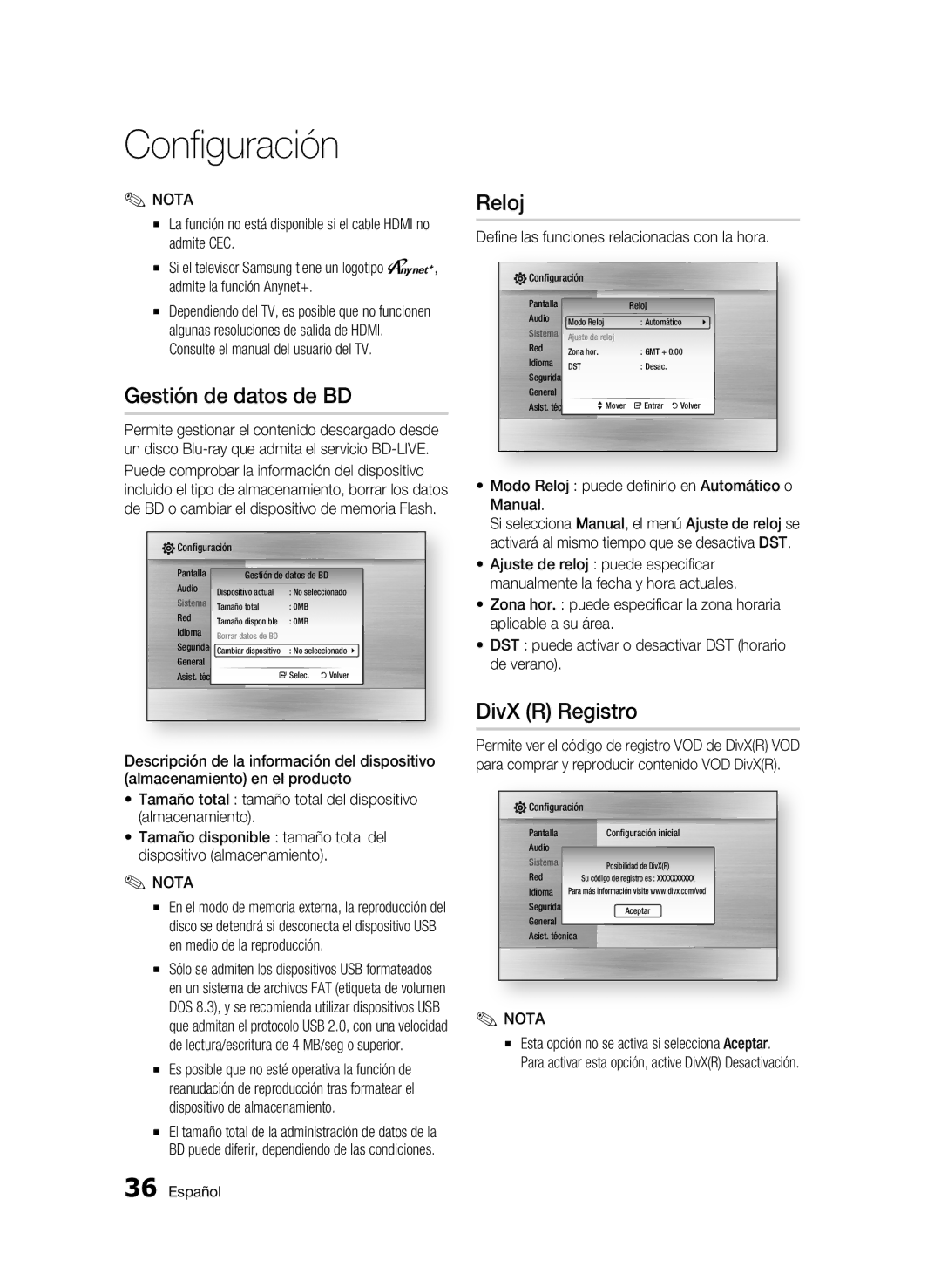 Samsung BD-C5900/XEF manual Gestión de datos de BD, Reloj, DivX R Registro, Define las funciones relacionadas con la hora 