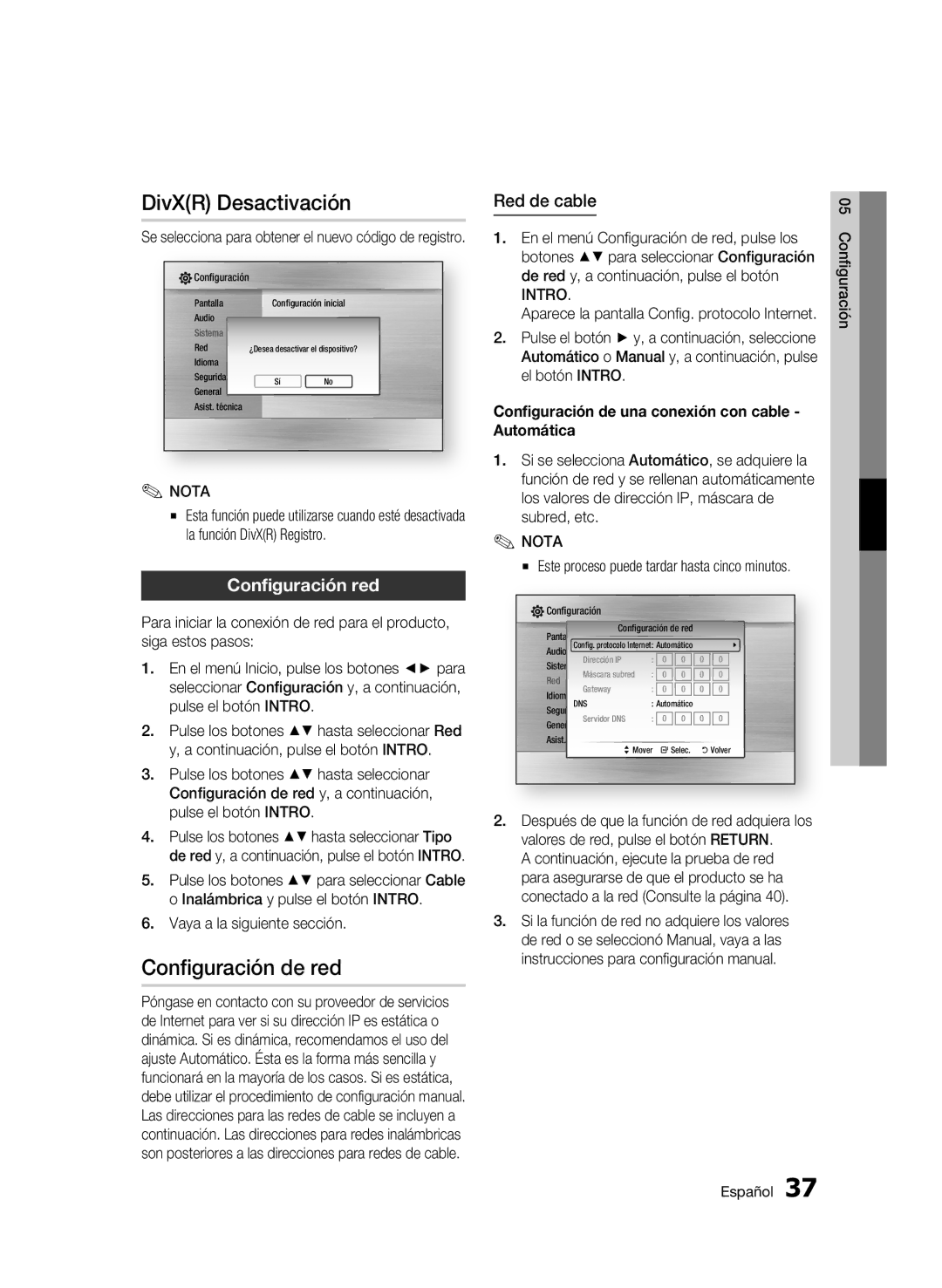 Samsung BD-C5900/XEF manual DivXR Desactivación, Configuración de red, Configuración red, Red de cable 